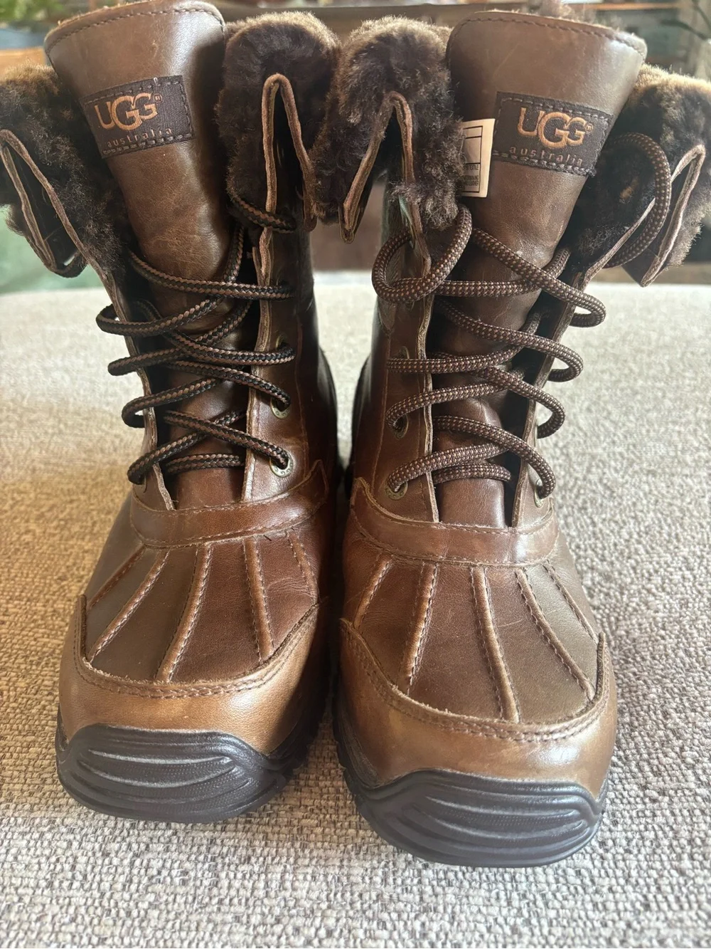 UGG Brown Leather Lace-Up Shearling-Trim Boots